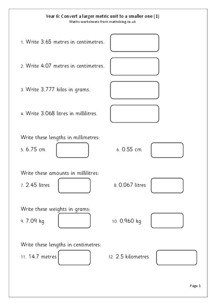 Convert A Larger Metric Unit to a Smaller One Worksheet