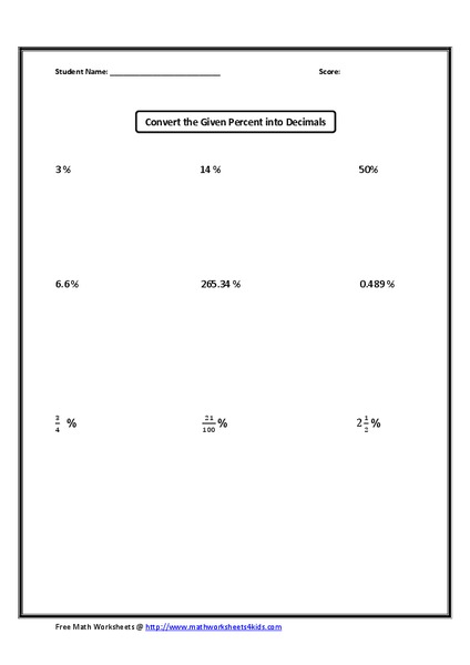 Convert Percents to Decimals Worksheet