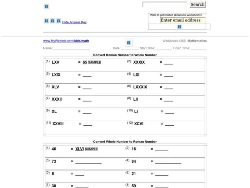 Convert Roman Number to Whole Number Worksheet