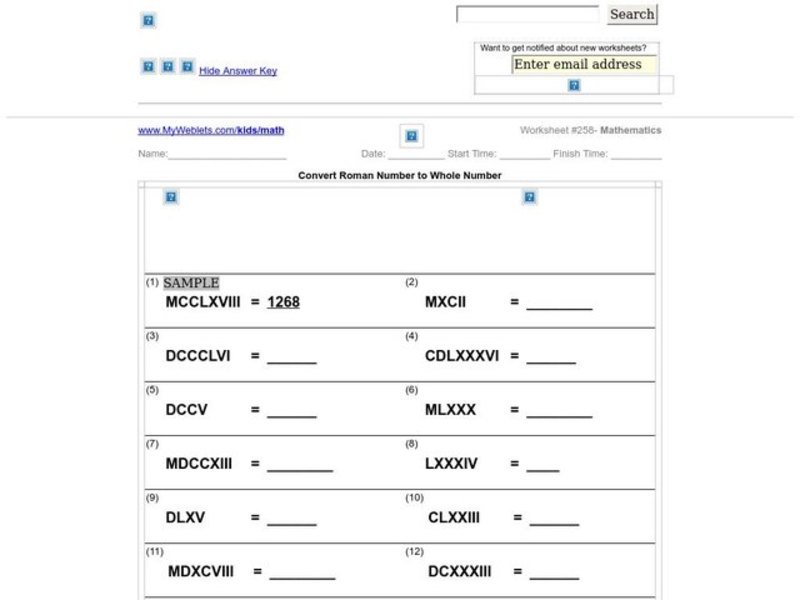 Convert Roman Number to Whole Number Worksheet