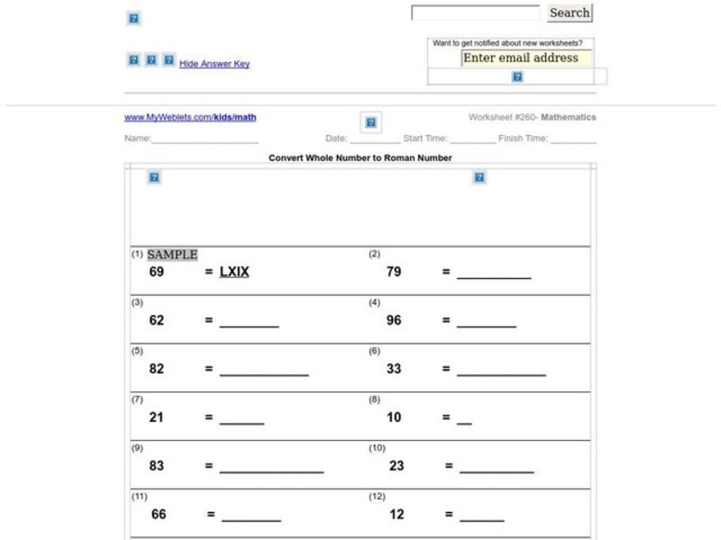 Convert Whole Number to Roman Number Worksheet