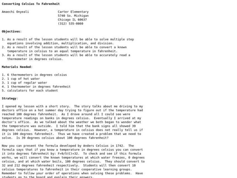 Converting Celsius to Fahrenheit Lesson Plan