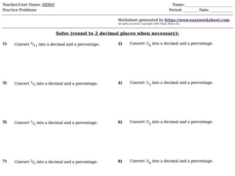 Converting Decimals into Percentages Worksheet