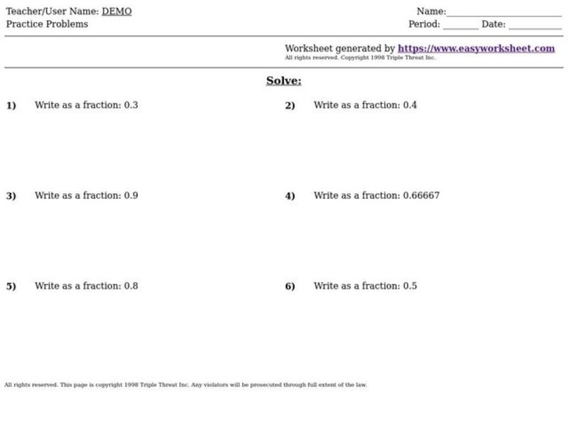 Converting Decimals to Fractions Worksheet