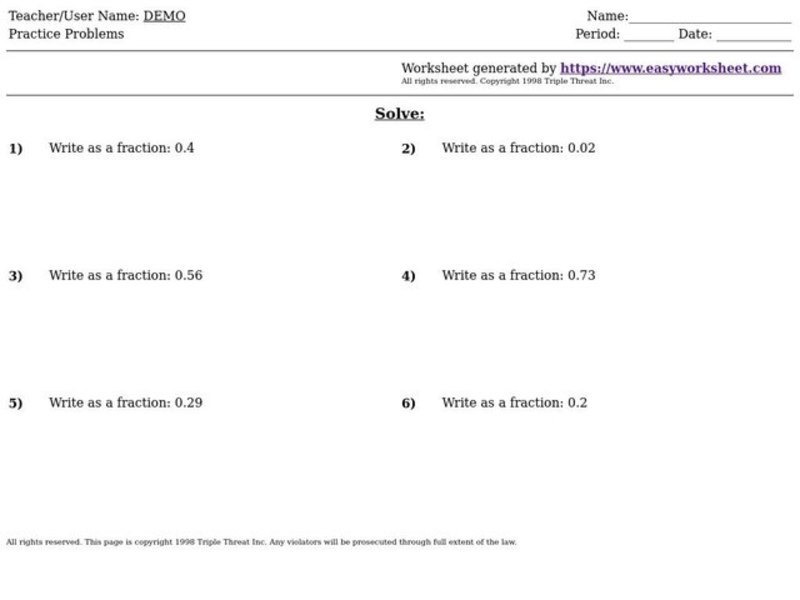 Converting Decimals to Fractions Worksheet