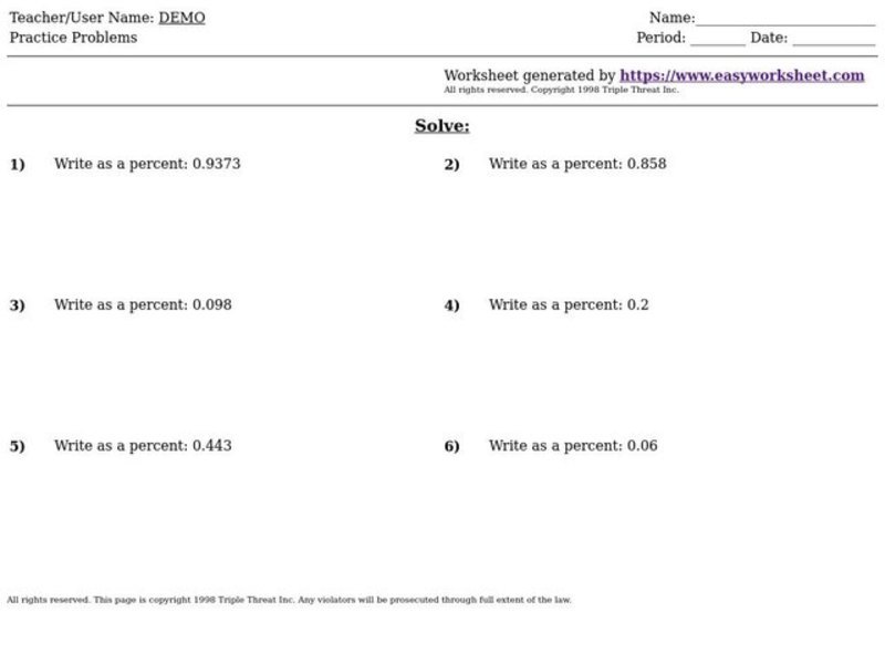 Converting Decimals to Percents Worksheet