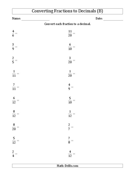 Converting Fractions to Decimals Worksheet
