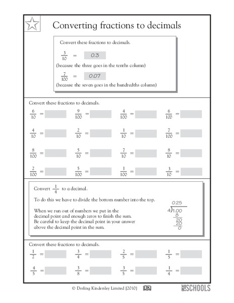 Converting Fractions to Decimals Worksheet