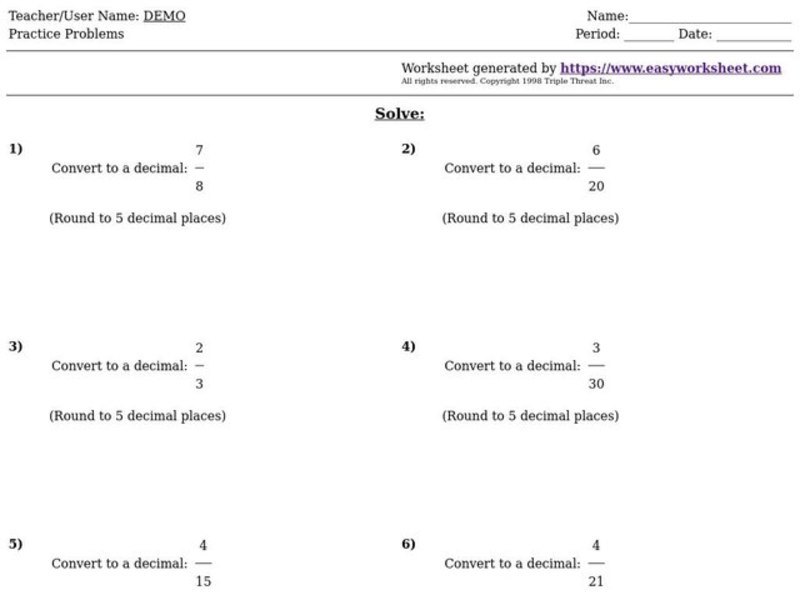 Converting Fractions to Decimals Worksheet