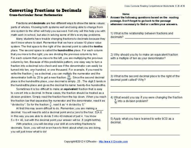Converting Fractions to Decimals Worksheet