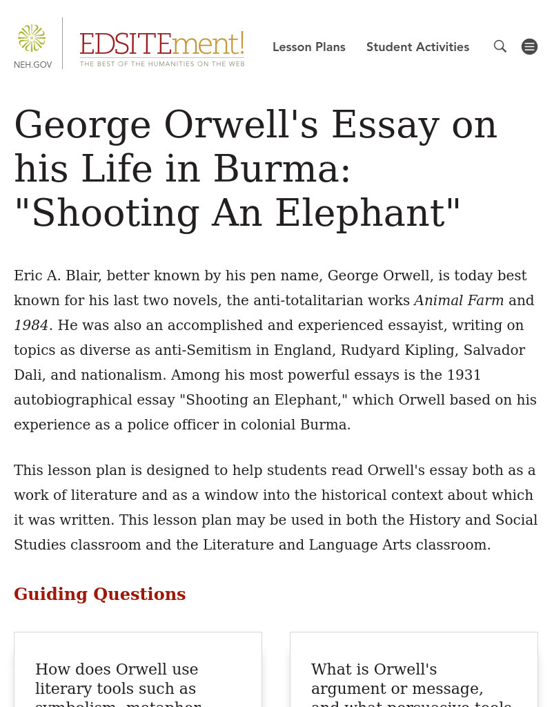 "Shooting An Elephant": George Orwell's Essay on his Life in Burma Lesson Plan