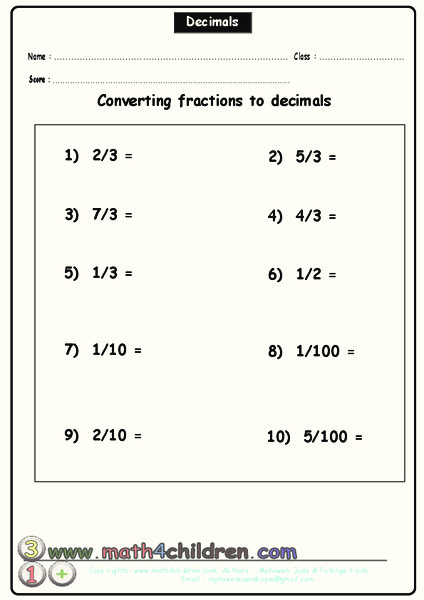 Converting Fractions to Decimals Worksheet