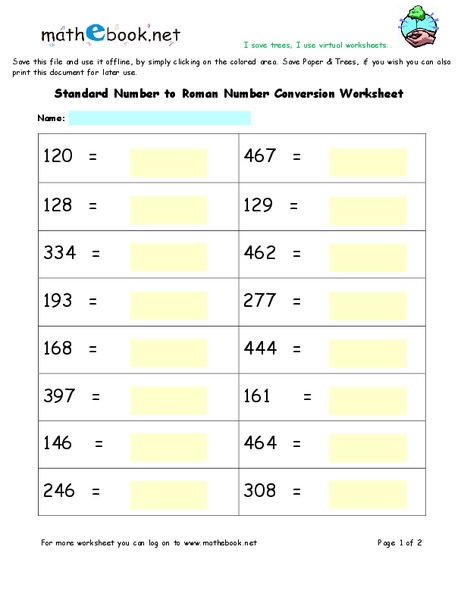 Converting Standard Numbers to Roman Numbers Worksheet