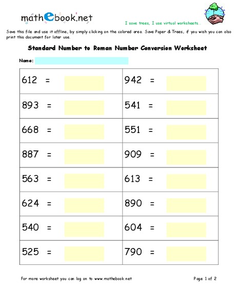 Converting Standard Numbers to Roman Numbers Worksheet