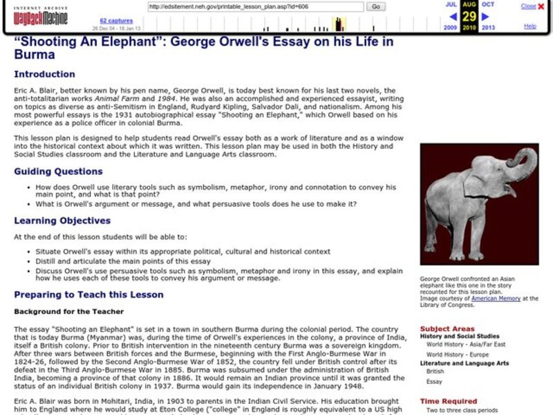 "Shooting An Elephant": George Orwell's Essay on His Life in Burma Lesson Plan