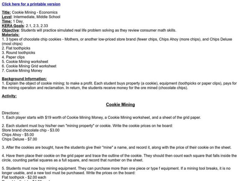Cookie Mining Lesson Plan