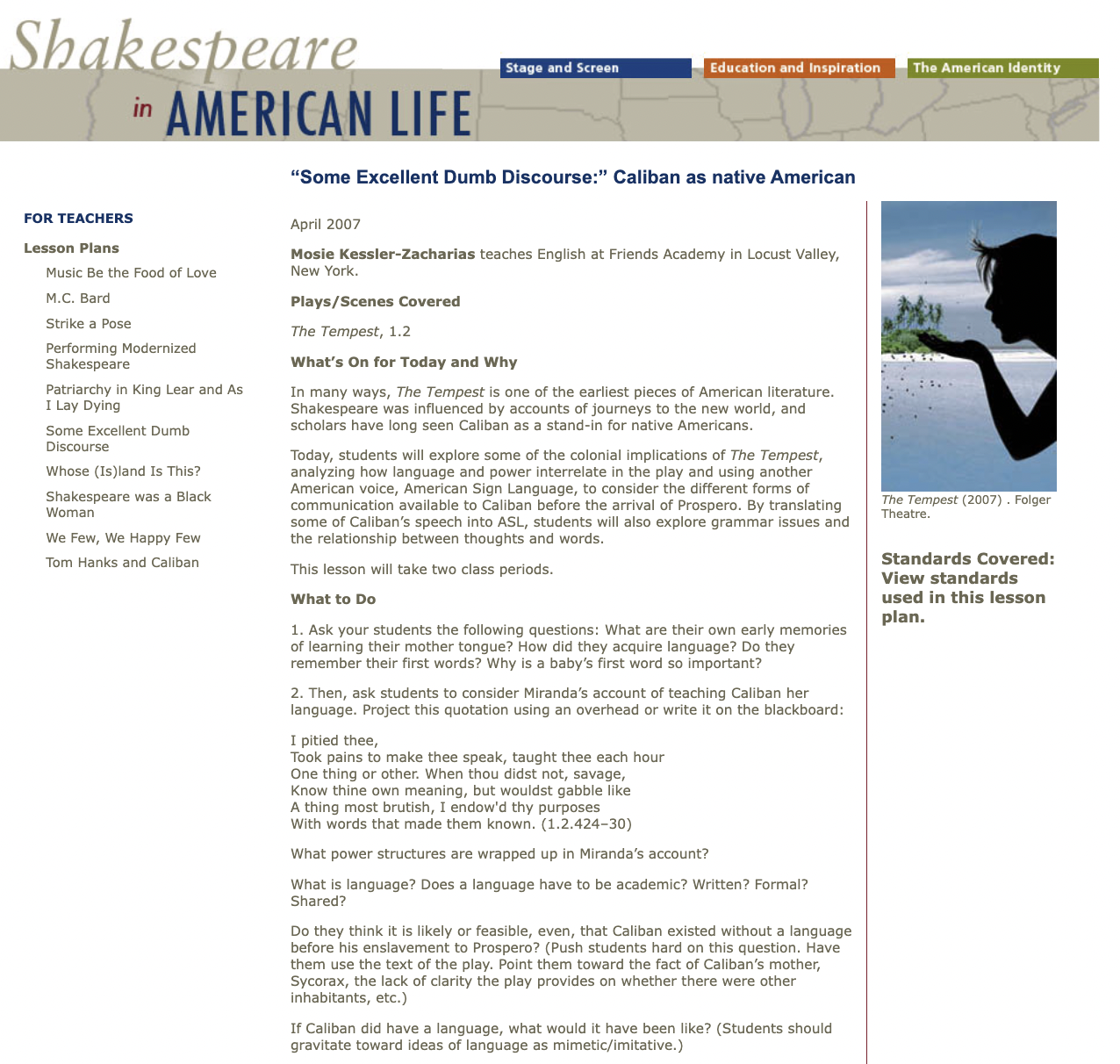 "Some Excellent Dumb Discourse:" Caliban as native American  Lesson Plan