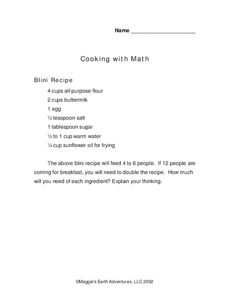Cooking With Math Worksheet