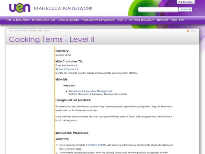 Cooking Terms Lesson Plan