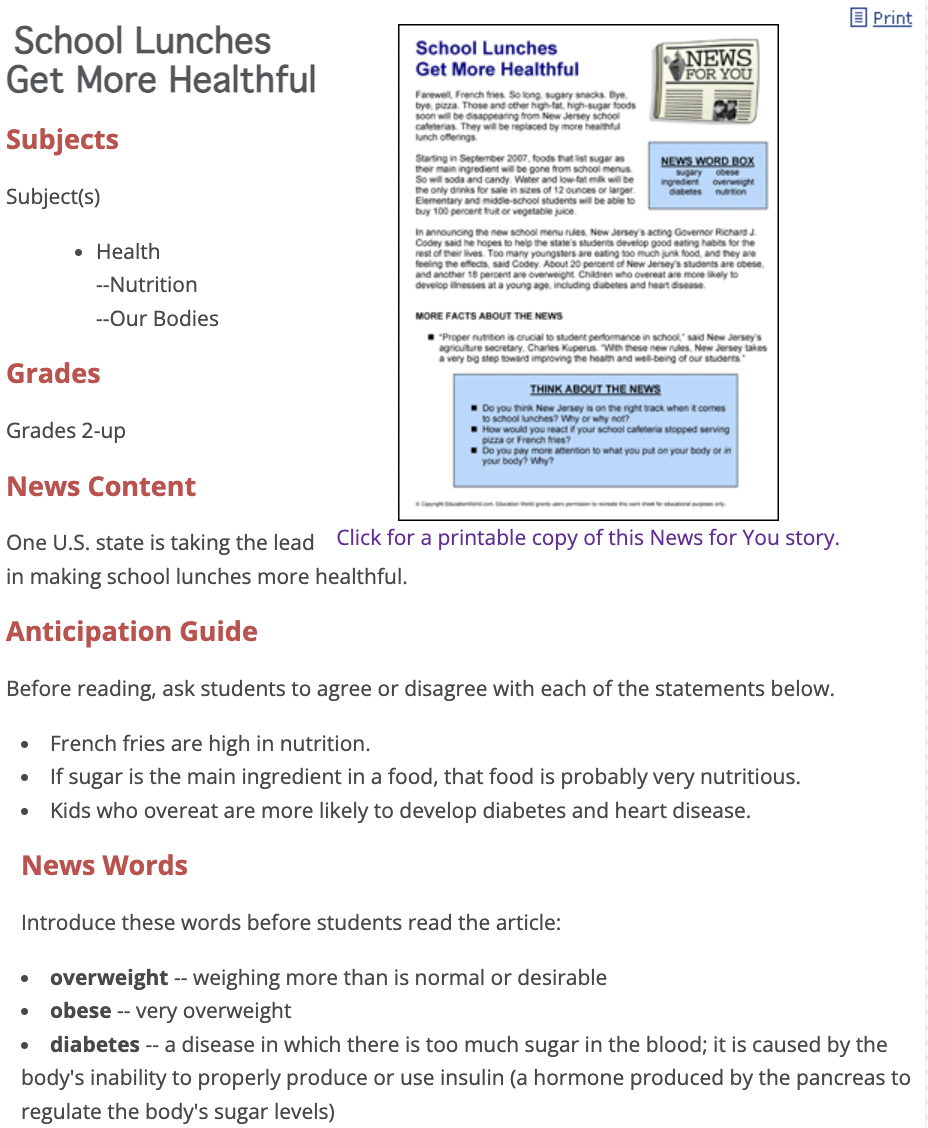 School Lunches Get More Healthful Lesson Plan
