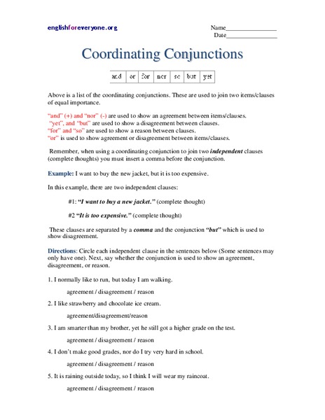 Coordinating Conjunctions Worksheet