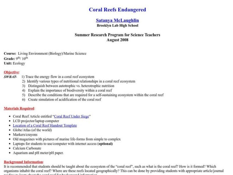 Coral Reefs Endangered Lesson Plan