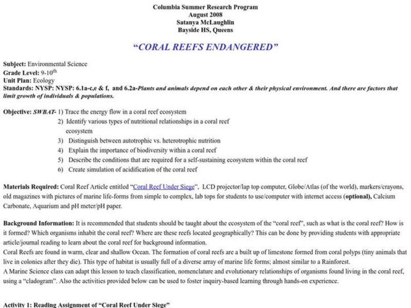Coral Reefs Endangered Lesson Plan