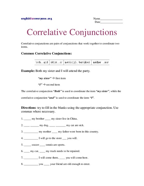 Correlative Conjunctions Worksheet