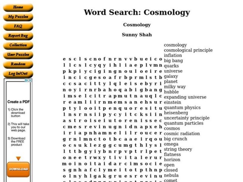 Cosmology Worksheet