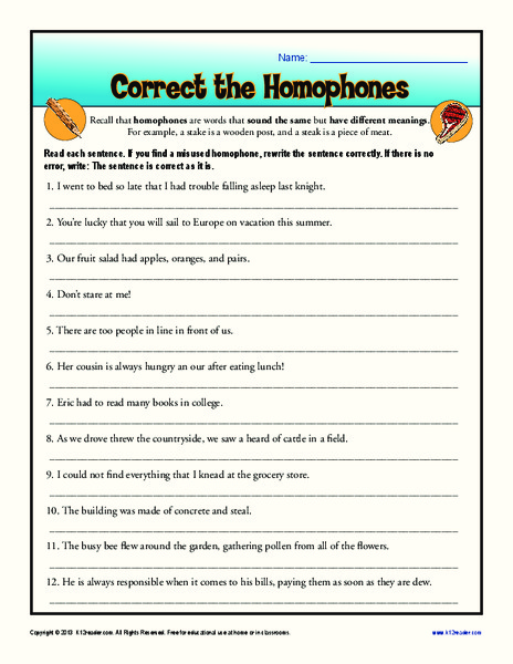 Correct the Homophones  Worksheet