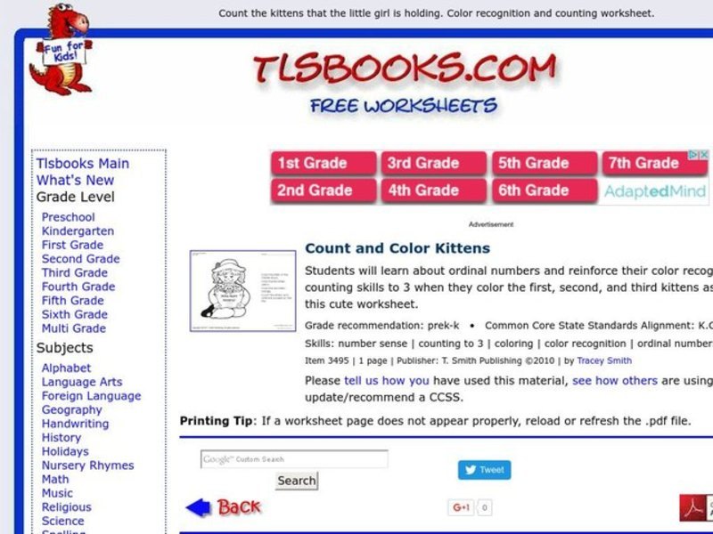 Count and Color Kittens Worksheet