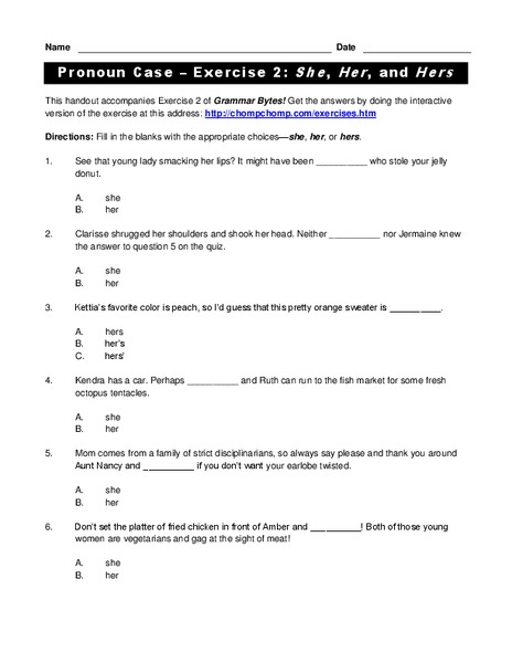Pronoun Case - Exercise 2: She, Her, and Hers Interactive