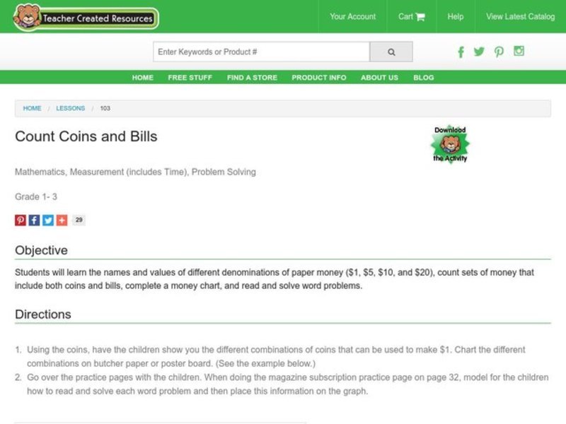 Count Coins and Bills Lesson Plan