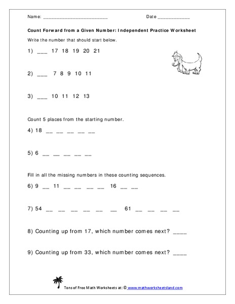 Count Forward from a Given Number Worksheet