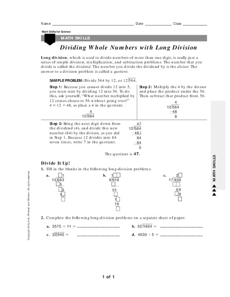 Dividing Whole Numbers with Long Division Worksheet