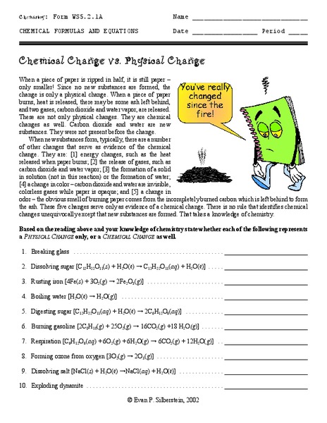Chemical Change vs. Physical Change Worksheet