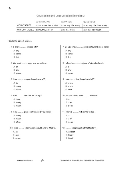 Countables and Uncountables Worksheet