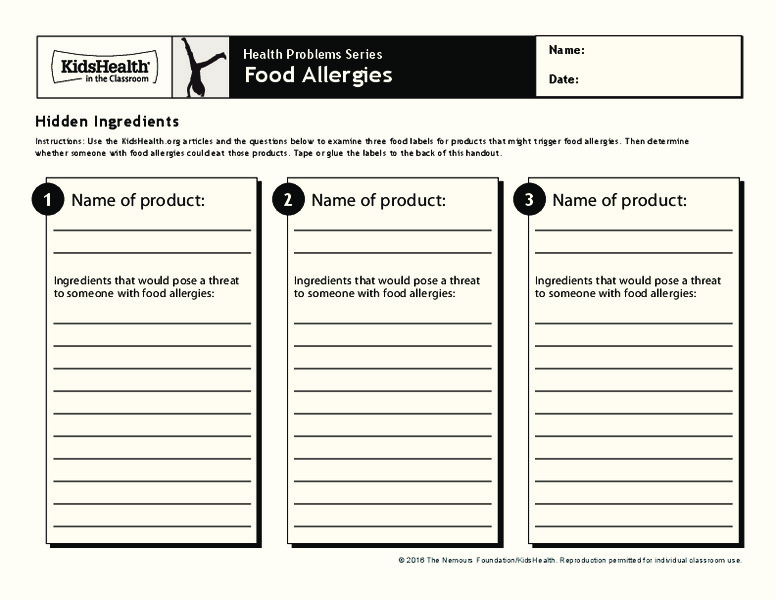 Handout: Food Allergies (Grades 6 to 8) Worksheet