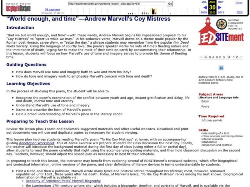 "World enough, and time"-Andrew Marvell's Coy Mistress Lesson Plan