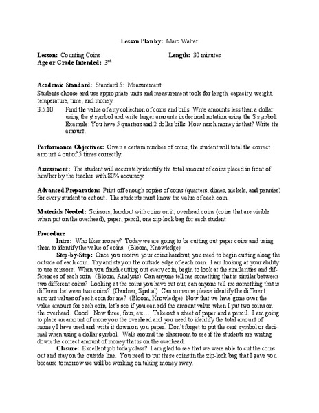 Counting Coins Lesson Plan