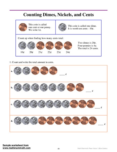 Counting Dimes, Nickels, and Cents Worksheet