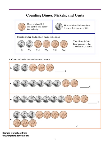 Counting Dimes, Nickels, and Cents Worksheet