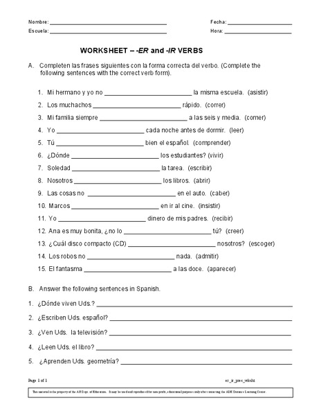 -ER and -IR Verbs  Worksheet