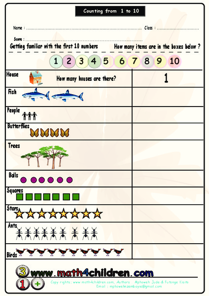 Counting from 1 to 10 Worksheet