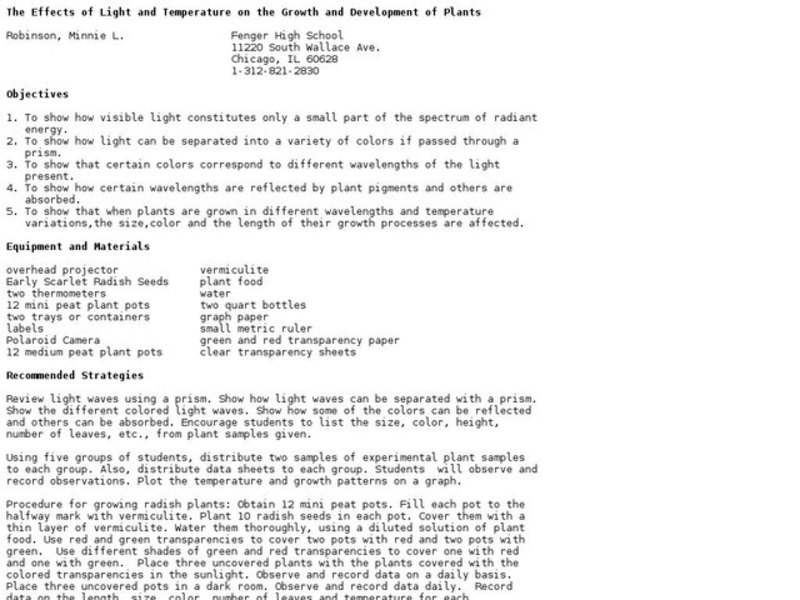 The Effects of Light and Temperature on the Growth and Development of Plants Lesson Plan
