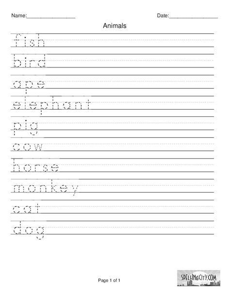 Animals - Printing Practice Worksheet