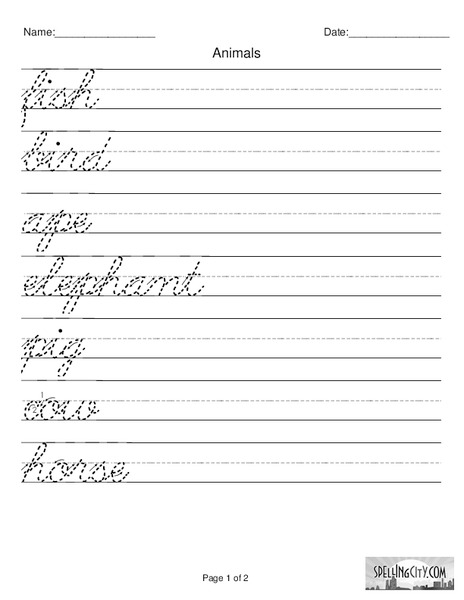 Animals (Cursive Practice) Worksheet