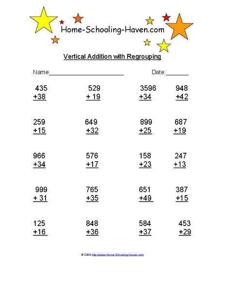 Vertical Addition with Regrouping Worksheet