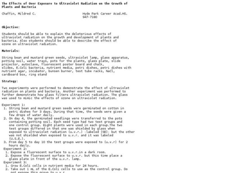 The Effects of Over Exposure to Ultraviolet Radiation on the Growth of Plants and Bacteria Lesson Plan