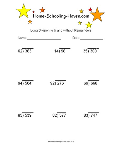 Long Division with and without Remainders 4 Worksheet